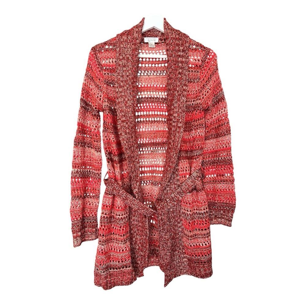 Christopher & Banks Open-Front Knit Cardigan M Red Orange Belted  Boho Western